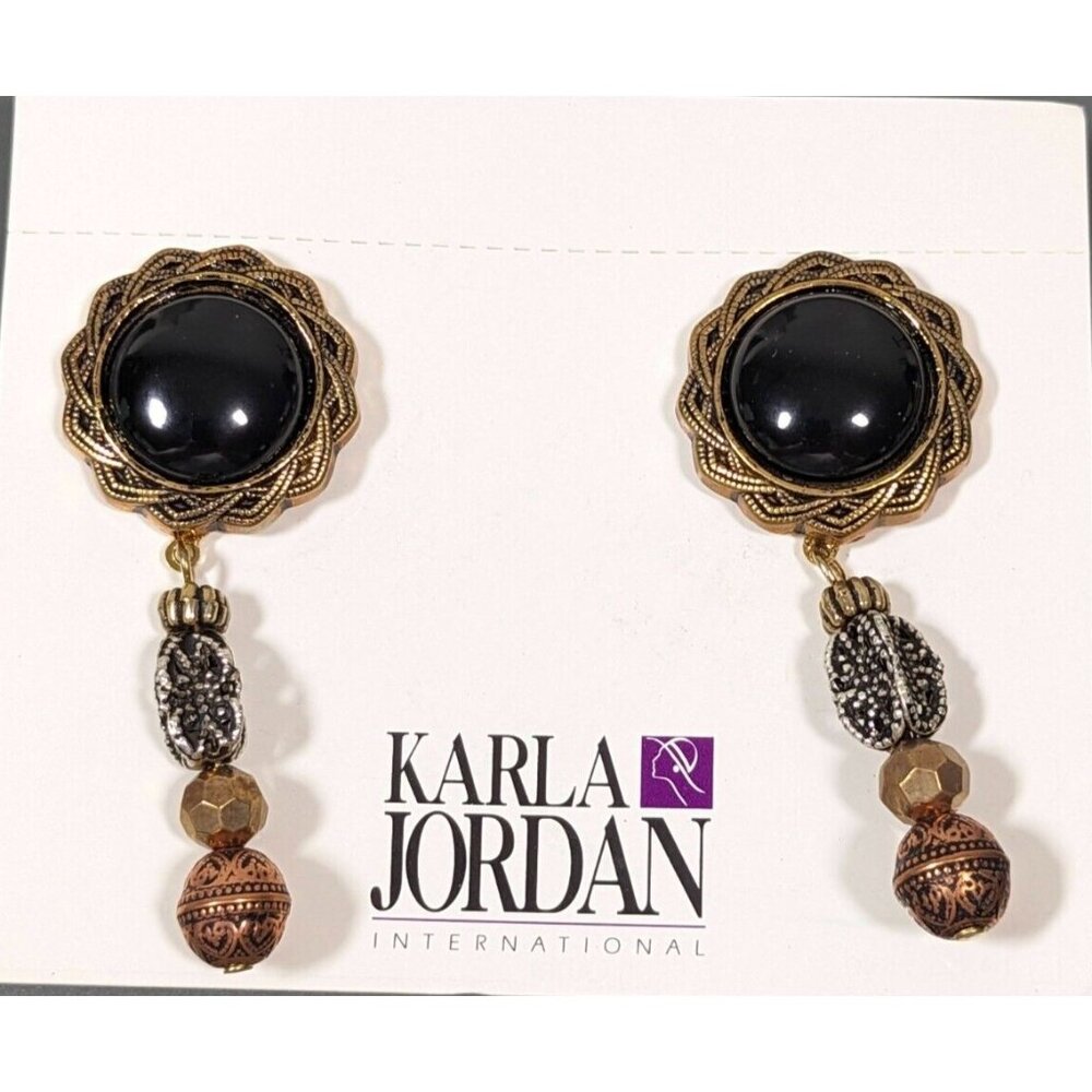 Vintage Karla Jordan Black Onyx Brass Copper Stacked Bead Dangle Pierced Earring